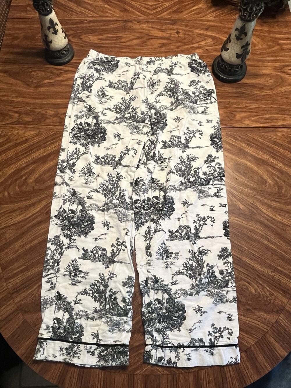 Women’s M Linen Blend Pull On Toile Pants White Black French Country Cottagecore